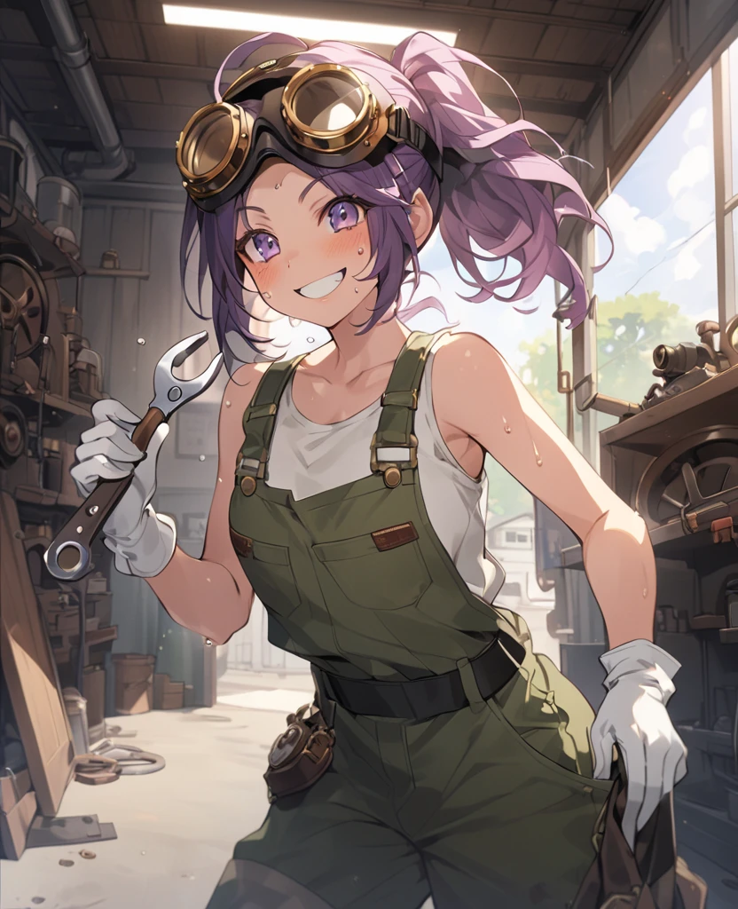 score_9,score_8_up,score_7_up, source_anime,Solo girl, mechanic, white tank top, green overalls, mechanical goggles on forehead, freckled face, adult,violet hair,  hair, messy hair, , pony tail, [black oil on face], grin, smile, holding wrench, sweat, white thick gloves), garage, workshop, steampunk, wearing wearpack, 