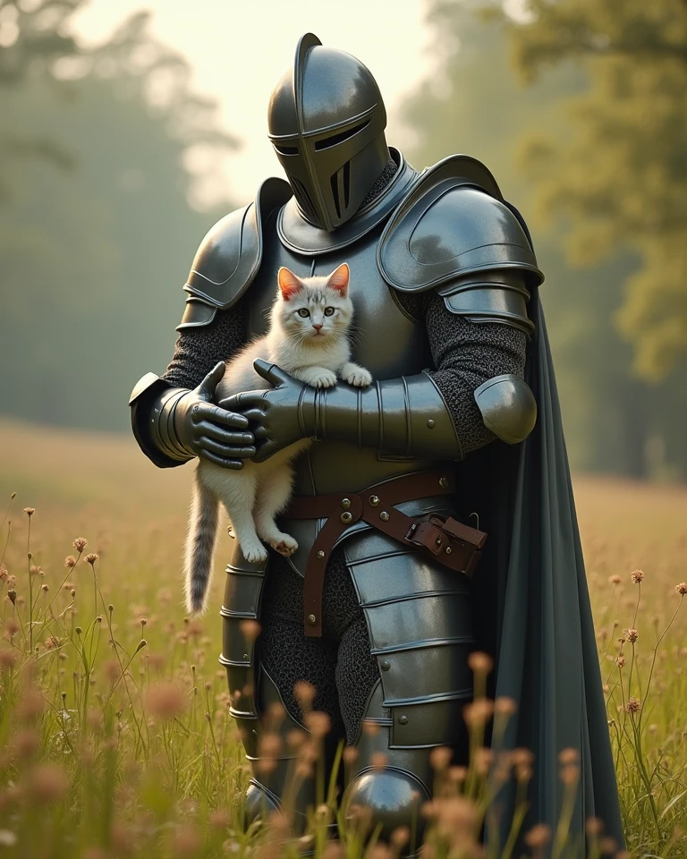 a warrior wearing highly detailed full body knight armor hugging a white grey kitten in a grass field , in a grand setting. Epic scale and heroic elements are illuminated by gentle soft light. Subtle illumination, diffused shadows, low contrast, background is a 
bright forest, spring time, full body shot, ultra wide shot, soft pastel colors
