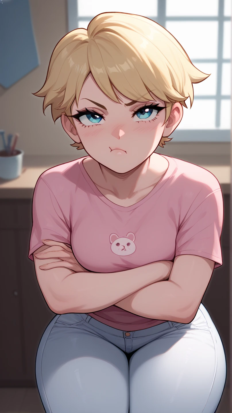 A cute girl with thick thighs and blonde short hair, wearing a pink shirt and white jeans. Cute grumpy face, crossing arms, looking up to you, inside house. 