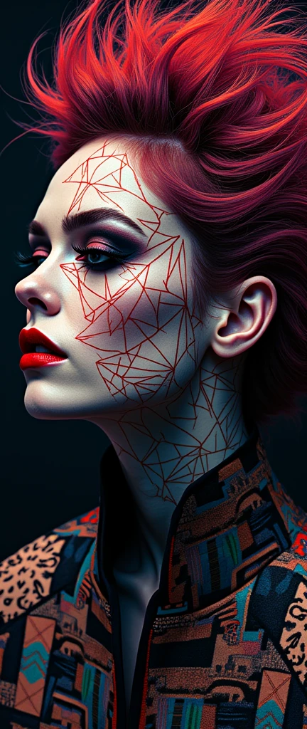 Red-haired woman, from torso up, with cybernetic enhancements with magical symbol tattoo, vibrant, photorealistic, realistic, hyper-realism, insanely detailed, dramatic, dark, sharp focus, 8k