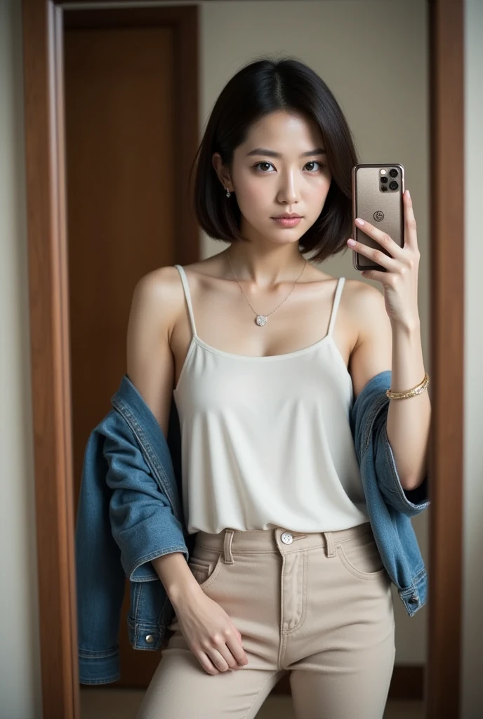 (((masterpiece, top quality, high res,  RAW photos )), 1 Japanese wife , 45 years old、 very short hair , (( white shirt,  beige pants,  denim jacket)),  earrings,  necklace,  bracelet , Selphy、 selfie,  is looking in the mirror, room, Wife
