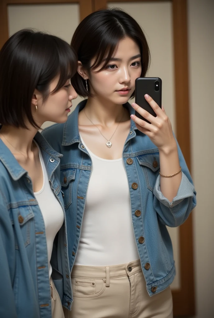 (((masterpiece, top quality, high res,  RAW photos )), 1 Japanese wife , 45 years old、 very short hair , (( white shirt,  beige pants,  denim jacket)),  earrings,  necklace,  bracelet , Selphy、 selfie,  is looking in the mirror, room, Wife
