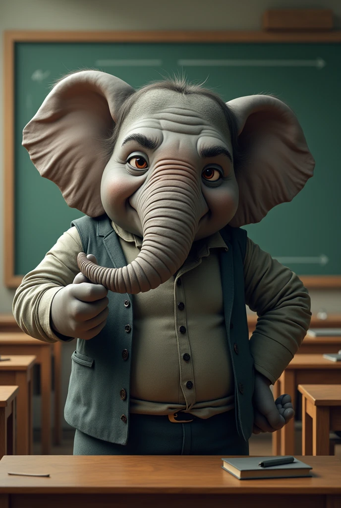 Create a picture of an elephant that is very scared. The elephant must have exaggerated makeup, with lots of basa and rice powder. He must be dressed in a striped polo shirt. The elephant must look very scared and be hearing something terrifying. On the floor around him, there must be a lot of papers scattered around