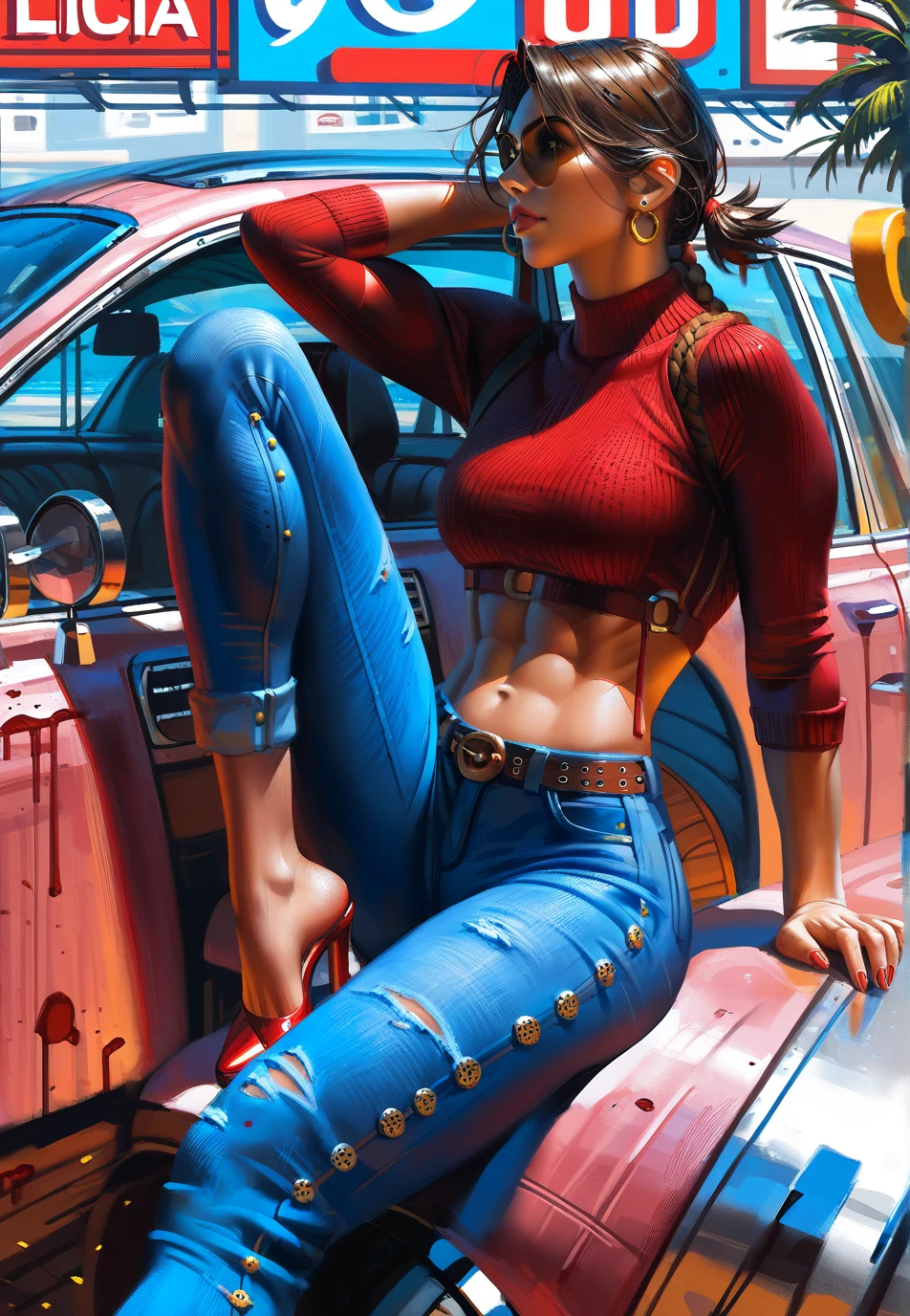  ,Fit to resolution,sce to size,full image,GUWEIZ ARTWORK , head to uper legs, Lucia and jason from gta 6 , she is wearing a pink turtle neck with abs showing,A purple jeans, brunette,with hair tied back,beautiful, vibrant,Relaxing on top of car  , normal pose ,