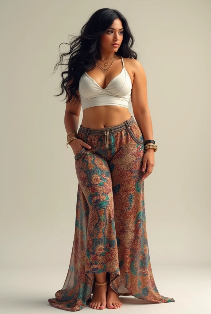 a latina woman big ass with bohemian flare legging, white croptop, stand full body