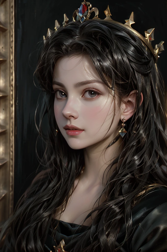 a close up of a woman wearing a crown and a black dress, portrait of princess, princess portrait, pintura de portrait of a princess, portrait of a princess, realistic renaissance portrait, work of art! portrait of arwen, renaissance portrait, renaissance digital painting, princess Vulvine oil painting, fantasy genre portrait, medieval portrait, portrait of a young empress, renaissance oil portrait