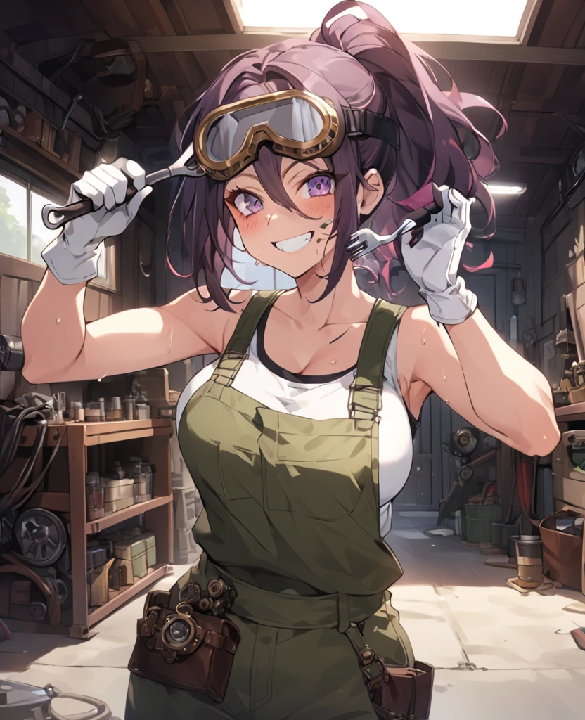 score_9,score_8_up,score_7_up, source_anime,Solo girl, mechanic, white tank top, green overalls, mechanical goggles on forehead, freckled face, adult,violet hair,  hair, messy hair, , pony tail, [black oil on face], grin, smile, holding wrench, sweat, white thick gloves), garage, workshop, steampunk, wearing wearpack, perfect hand perfect body, large  breast