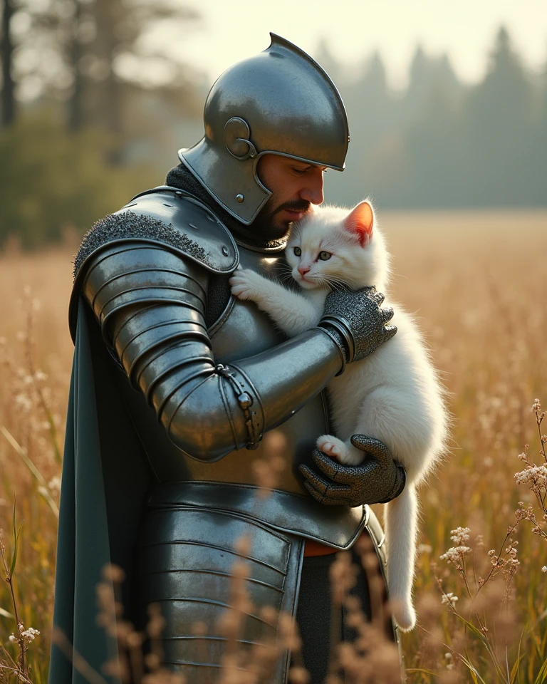 a warrior wearing highly detailed full body knight armor hugging a white grey kitten in a grass field , in a grand setting. Epic scale and heroic elements are illuminated by gentle soft light. Subtle illumination, diffused shadows, low contrast, background is a 
bright forest, spring time, full body shot, ultra wide shot, soft pastel colors
