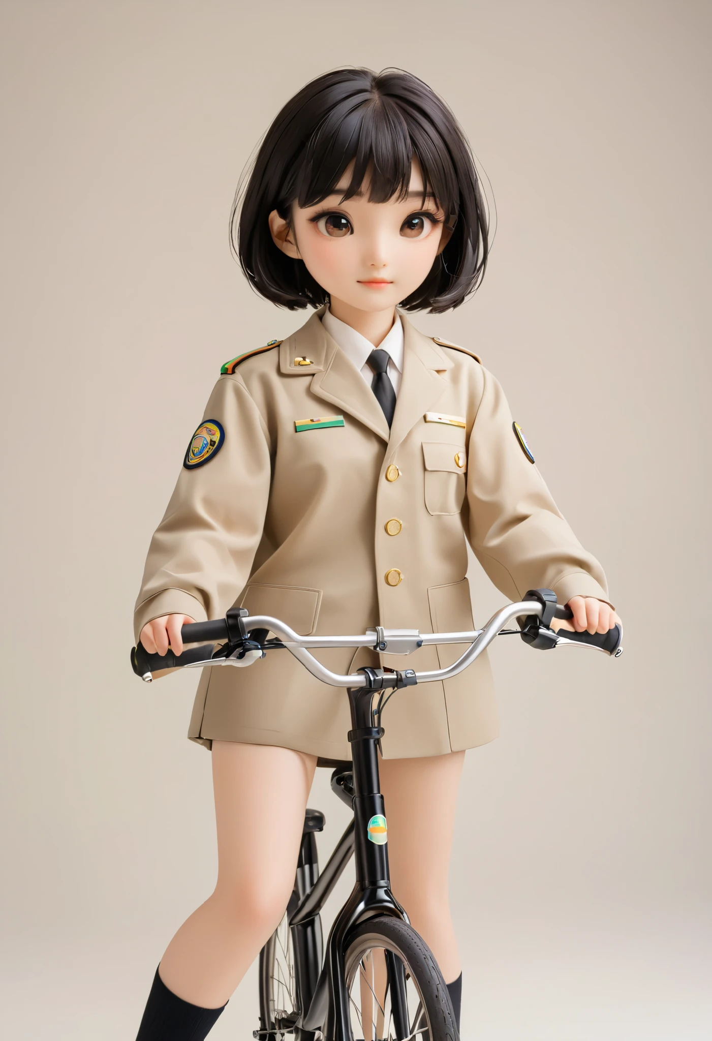 zepet、 Very Beautiful Japanese High  Girls 、 black hair、 short bob hair 、bangs、uniform、Get on a bike、 simple background
