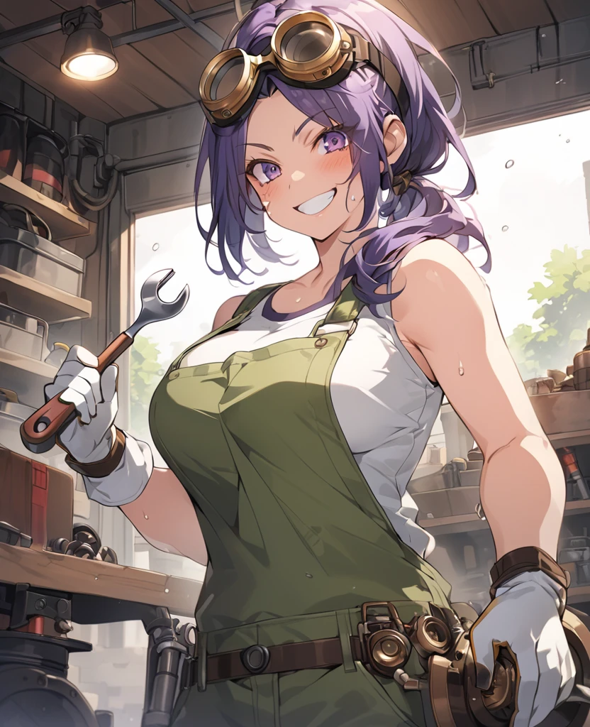 score_9,score_8_up,score_7_up, source_anime,Solo girl, mechanic, white tank top, green overalls, mechanical goggles on forehead, freckled face, adult,violet hair,  hair, messy hair, , pony tail, [black oil on face], grin, smile, holding wrench, sweat, white thick gloves), garage, workshop, steampunk, wearing wearpack, perfect hand perfect body, large  breast, 