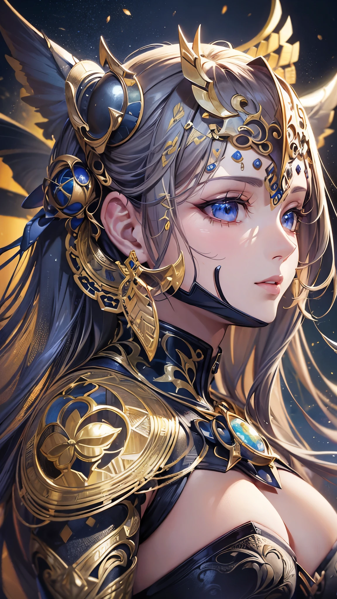Afemale face covered in glass and plastic, in the style of realism with fantasy elements, golden light, jagged edges.trompe-l'oeil illusionistic detail, futurist mechanical
precision, detailed nature depictions, charming anime
characters --ar 3:4 --s 180--niji 5