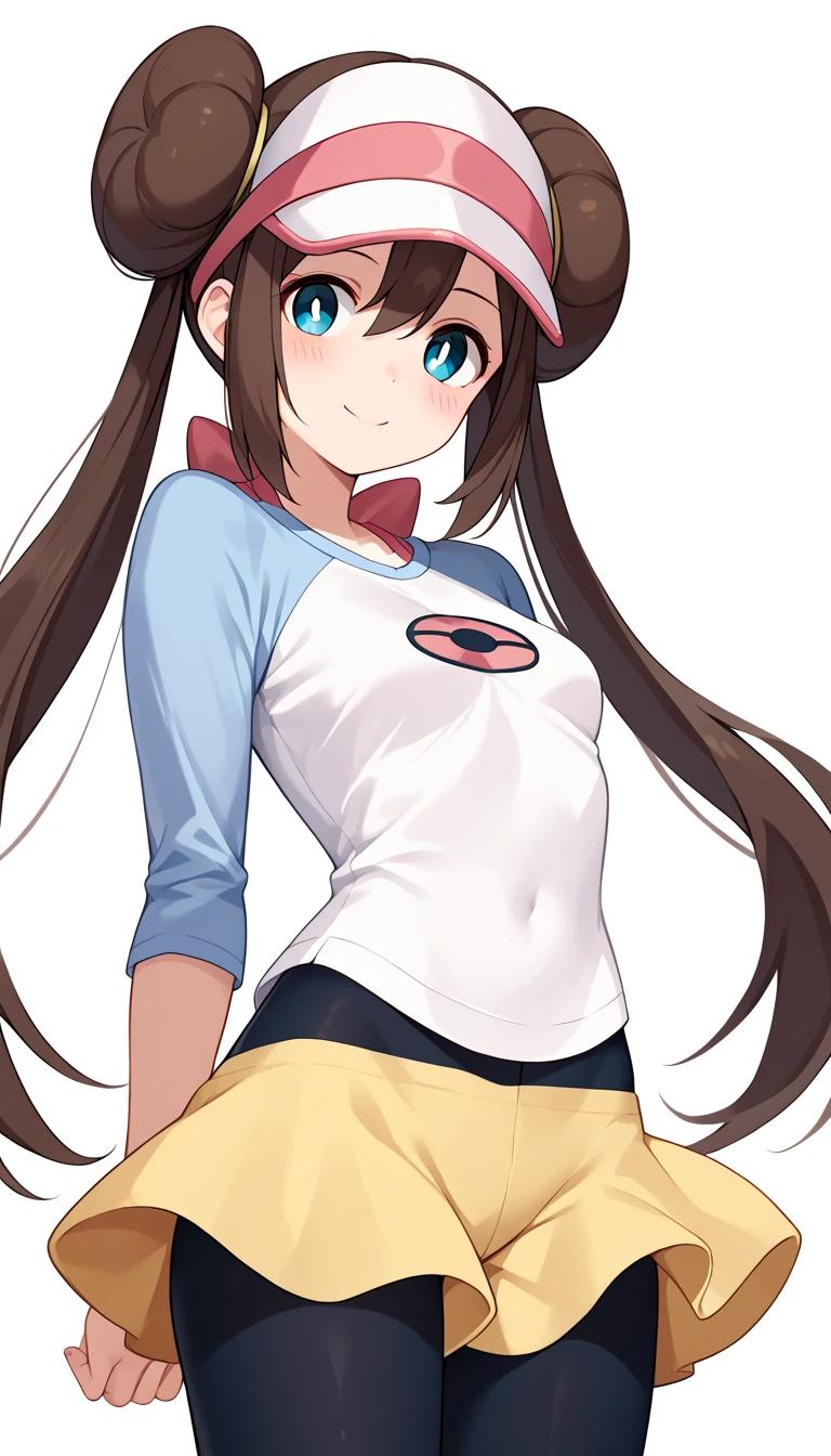 16k,masterpiece,best quality,beautiful,super detailed,rosa, brown hair, double bun, doughnut hair bun, hair bun, blue eyes, hair between eyes, twintails, pantyhose, pantyhose under shorts, raglan sleeves, skirt, yellow skirt, white shirt, blue sleeves, long sleeves, visor cap,blush,light smile