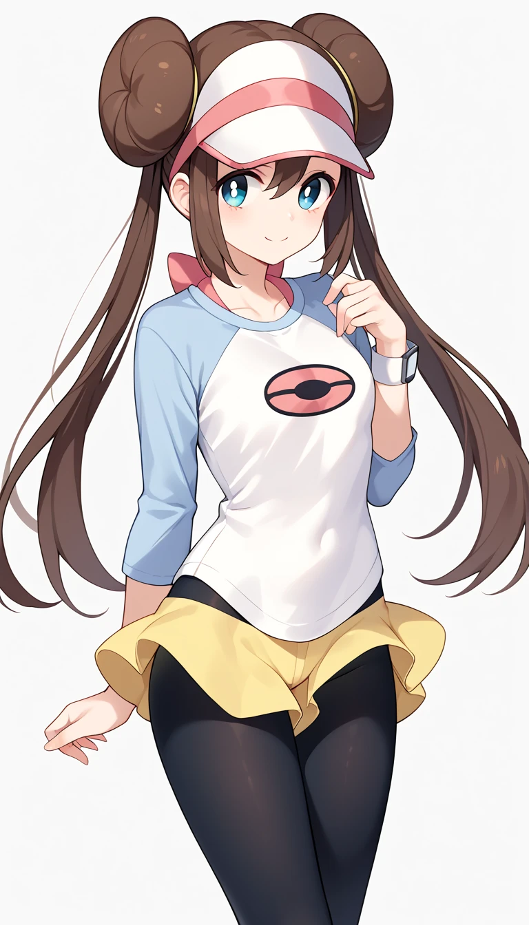 16k,masterpiece,best quality,beautiful,super detailed,rosa, brown hair, double bun, doughnut hair bun, hair bun, blue eyes, hair between eyes, twintails, pantyhose, pantyhose under shorts, raglan sleeves, skirt, yellow skirt, white shirt, blue sleeves, long sleeves, visor cap,blush,light smile