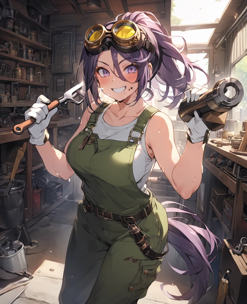 score_9,score_8_up,score_7_up, source_anime,Solo girl, mechanic, white tank top, green overalls, mechanical goggles on forehead, freckled face, adult,violet hair,  hair, messy hair, , pony tail, [black oil on face], grin, smile, holding wrench, sweat, white thick gloves), garage, workshop, steampunk, wearing wearpack, perfect hand perfect body, large  breast, 