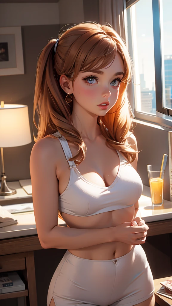 ultra realistic 8k cg, masterpiece, ((ultra detailed background, delicate pattern, intricate detail)), (highly detailed, fine detailest quality, beautiful girl, (photorealistic:1.4),beautiful lighting,  absurdres, RAW photo, film grain, 1girl, solo, kimberly ann possible, orange hair, green eyes, ((long hair, skimpy white top, short micro skirt)), lying down, zettai ryoiki, inside, bedroom environment, bed, sitting, window, complex detailed background, clenched fists, small breasts, showing ass, bent over, suggestive pose, panties visible,naked, tight