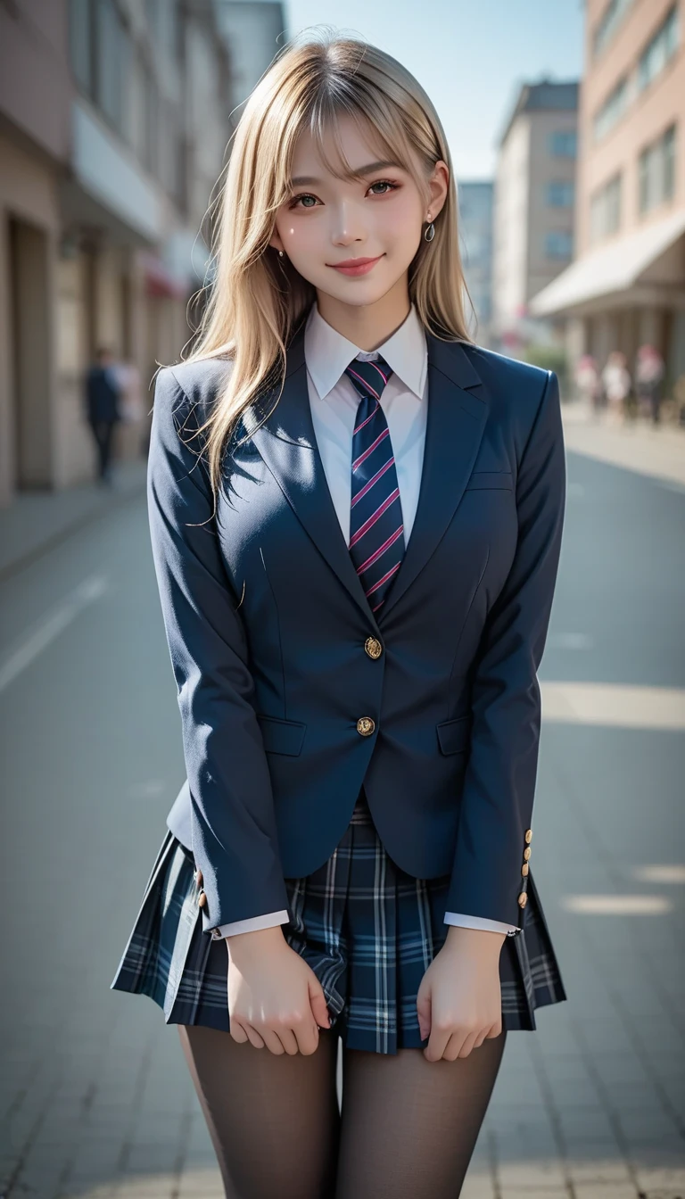  score_9, score_8_up, score_7_up, super detailed,  BREAK Complete Anatomy  , 32K,  masterpiece ,  top quality, super high definition ,   beautiful face and eye details with forward curves ,  Beautiful Japanese Woman  , Blonde, invalid,smile, steam,  school uniform,  blazer,   with Modern Style Fitted Jacket,short skirt and tights, Turn your hands on your back , Big Breasts ,  lean forward , It's bent to 。 from a point of view ,  viewers of the pin,town