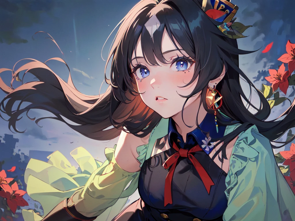 (solo:2), (girl, human ears:2), (leaning forward to accentuate upper body:2), (gentle gaze:2), (long black hair:2), (hair tied in a large blue ribbon:2), (lots of hair accessories:2), (teardrop-shaped earrings:2), (gorgeous blue high-necked collared dress, opera gloves:2), (surrounded by lots of red flowers:2), (sunset sky, sunset, evening sun, twilight, strong wind), (((high resolution, masterpiece, accurate, anatomically correct, multiple awards, top quality, detailed, high quality, extremely detailed, ultra high resolution))).
