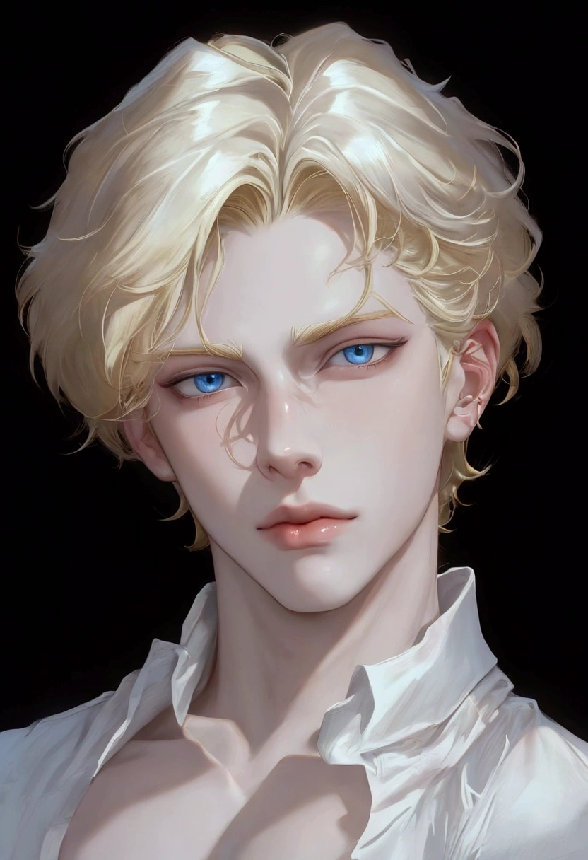 Boy with blond hair and light blue eyes, camisa blanca, Attractive Man, Labios pequeños, sharp eyes