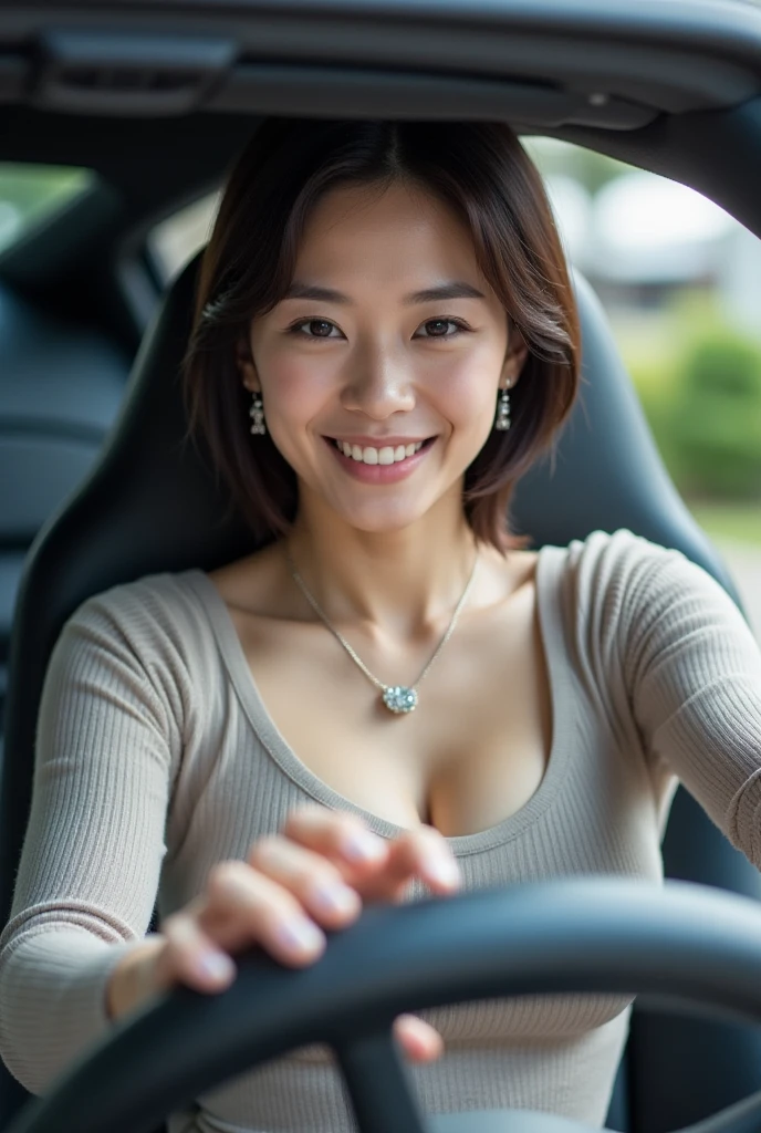 (( top quality, 8k, masterpiece:1.3)), concentrated:1.2, Perfect Body Beauty:1.4, Ass:1.2, ((  delicate hair here )), ( sweater dress:1.1) , (sports car, street: 1.2),  very detailed face and skin textures,  Details Eyes ,  double eyelids , Whitening, Big Breasts, smile,  necklace while driving, ring, Wear 、45 years old、 Japanese Wife 