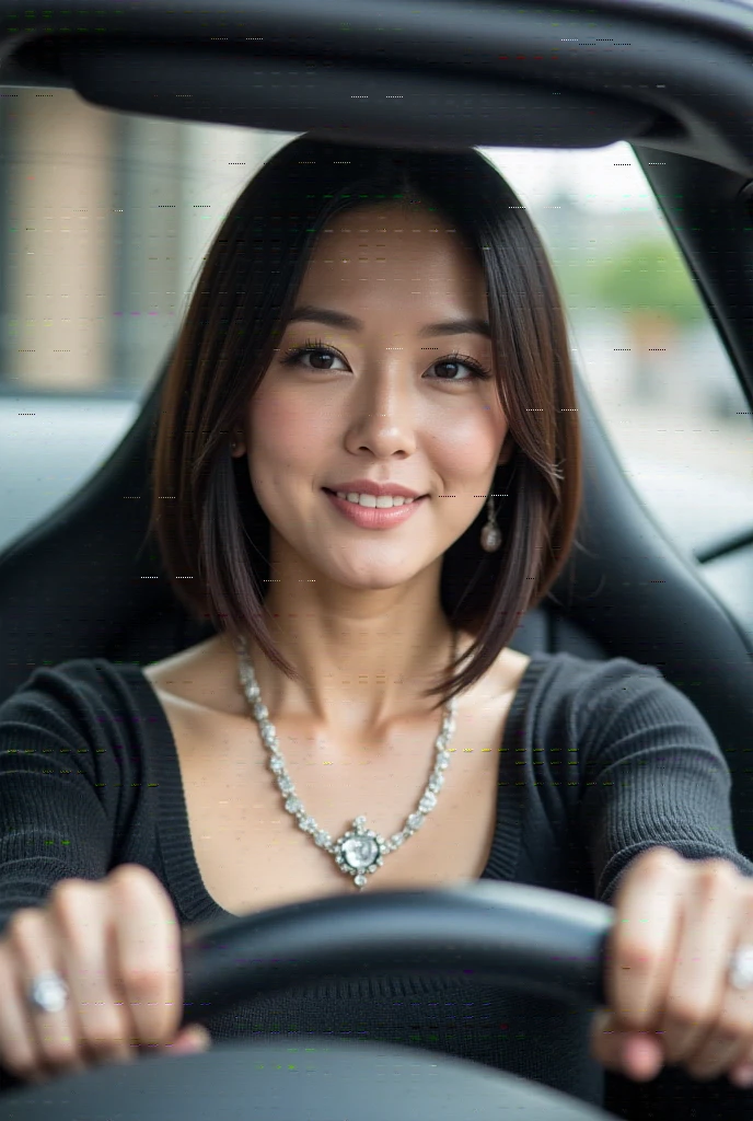 (( top quality, 8k, masterpiece:1.3)), concentrated:1.2, Perfect Body Beauty:1.4, Ass:1.2, ((  delicate hair here )), ( sweater dress:1.1) , (sports car, street: 1.2),  very detailed face and skin textures,  Details Eyes ,  double eyelids , Whitening, Big Breasts, smile,  necklace while driving, ring, Wear 、45 years old、 Japanese Wife 