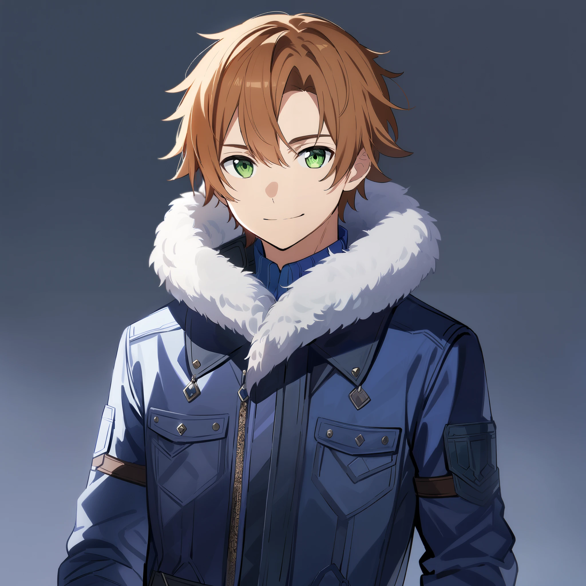 (high-quality, breathtaking),(expressive eyes, perfect face) 1boy, male, solo, adult age, Sword Art Online, Symmetrical Eyes, simple background, gentle smile, short hair, fluffy hair, modern outfit, SAO inspired, blue shirt, black leather biker jacket, cowboy shot, medium full shot, pants, dark chestnut color hair, modern living room background, looking at viewer, green eyes, white scarf
