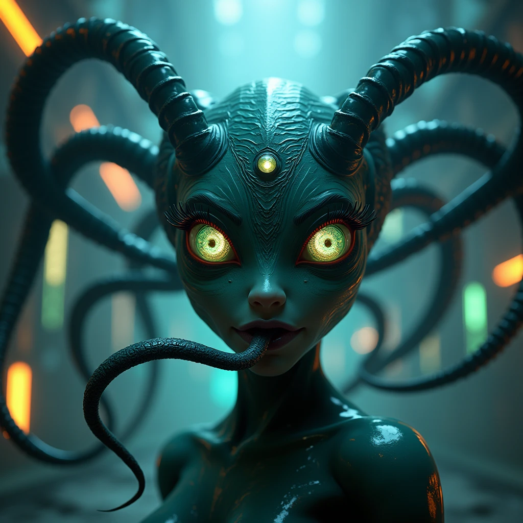 impossibly beautiful portrait of alien shapeshifter entity, insane smile, intricate complexity, surreal horror, inverted neon rainbow drip paint, trending on art station, photoreal, 8 k, octane render by greg rutkowskibody,