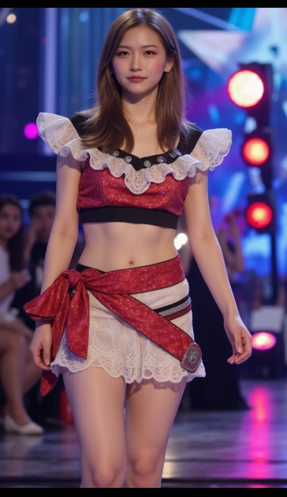 Japan idol singers、on a gorgeous stage、enthusiasm、captivate the audience。Beautiful woman、((have a microphone:1.3))、((red idol costume:1.3)、((lift the skirt yourself:1.5))、((show me your sexy panties 1.2))、panty shot、8K quality、High resolution、最high quality、masterpiece、(high quality:1.2)、(photo-realistic:1.4)、highly detailed face、highly detailed eyes、highly detailed skin、studio lighting、wavy short hair、brown hair、one woman、laughter、perfect proportions、18-year-old.Viewer&#39;s perspective、Nogizaka Idol