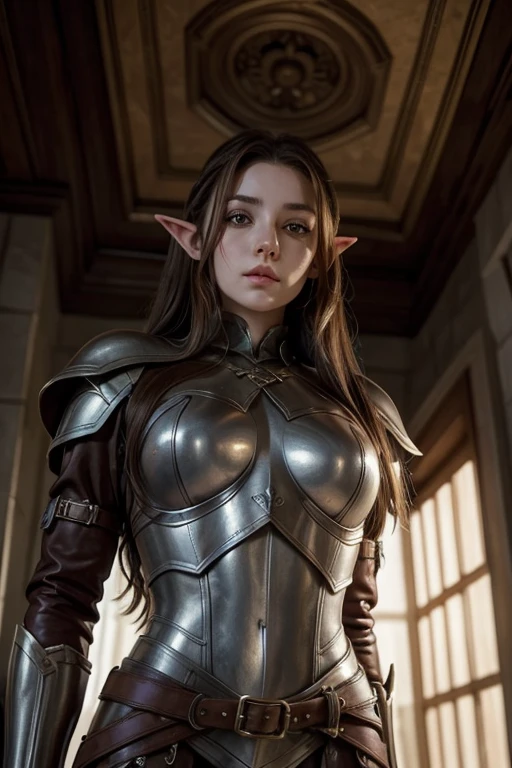 Beautiful painting of Michelle Pfeiffer as perfect female elf warrior, shapeless long hair, perfect features, (wearing extremely baroque elven armor), abstract beauty, near perfection, pure form, dynamic pose, ethereal background, (deep dark shadows), (strong cinematic lighting), (back lighting), concept art by Greg Rutkowski and John William Waterhouse and Alphonse Mucha, stunning details, intricate details, 8k post-production, High resolution, super details, trending on ArtStation, sharp focus, depth of field f/1.8, studio photos, (((looking at camera))).
