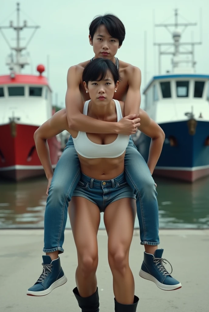 An Indonesian girl is short haired wearing white sports bra, short jeans hotpants, and black boots. The girl has a huge and muscular posture. The girl is walking while a little bowing. The girl is wrapping her arms backward and downward. A Korean man is shirtless, wearing jeans, and blue sneakers. The man has a skinny posture. The man is riding on the girl's back. The man's legs are round the woman's waist. A front view realistic photography, with a few persons and a few boats docking in a port as its background.