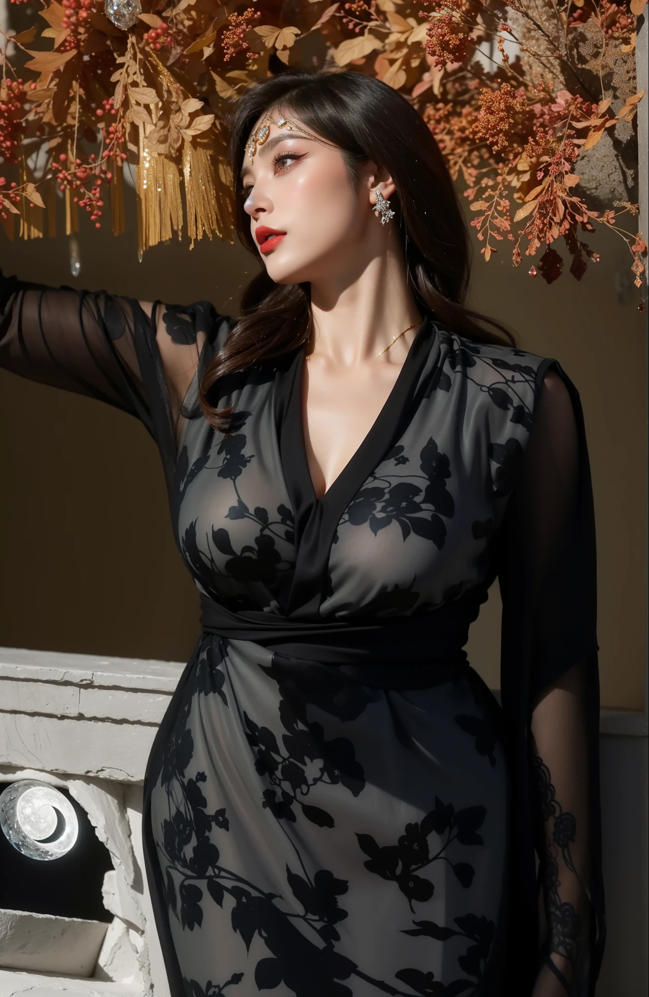 sexy model, (Black floral dress,Pattern pattern,Super short pleated skirt), Very detailed and beautiful, Showing cleavage, Huge breasts, Long hair, Pretty Face, High contrast, Soft Light, artistic photos, portrait, permanent, (masterpiece), (Ultra-high resolution: 1.0 ), (((best quality, 8K, masterpiece:1.4)),earrings,necklace,pantyhose,Stand very straight,wear glasses,Flowers,flowers,noble