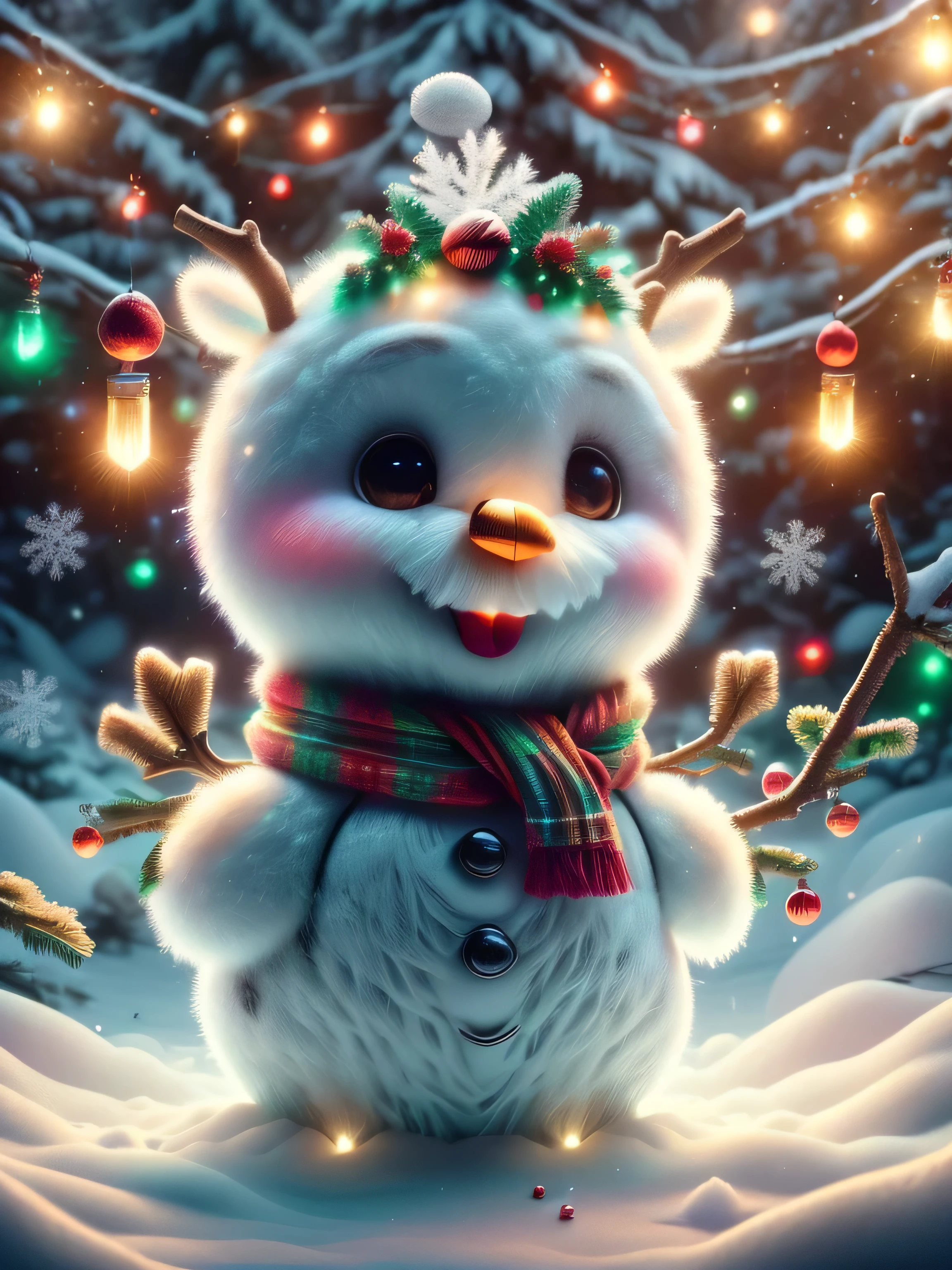 (Best Quality, Super Detail, Masterpiece, Representative Work, Official Art, Professional, Super High Detail, 8k:1.3), (Full Body) Very cute snowman Olaf from the movie 'Frozen'. He is smiling and standing on a snowy hill surrounded by glittering snowflakes under a bright blue sky. In the background is a winter forest with snow-covered trees. Olaf is wearing a red scarf and has cute twig handles. Add elements of fun, such as snow falling around and little frosty joys, to keep his mood positive, blurred background, fantasy, Gouves style artwork, realism: 1.37, (super fine fantasy art), masterpiece, high quality design and accurate physics (super accurate fantasy style)) art, dark fantasy style)), super accurate design and accurate physics), color, depth of field, shadows, ray tracing, (accurate simulation of the interaction of light and materials)], intricate Christmas decorations, glowing garlands, sparkling decoration, natural light, soft background, photorealistic, sparkling eyes, sharp focus, glowing skin, cute and mischievous look, hint of mischief, dreamy atmosphere, Super glossy effect, delicate details, soft ambient light, (Backlight:1.3), (Cinematic:1.2), intricate details, (ArtStation:1.3)