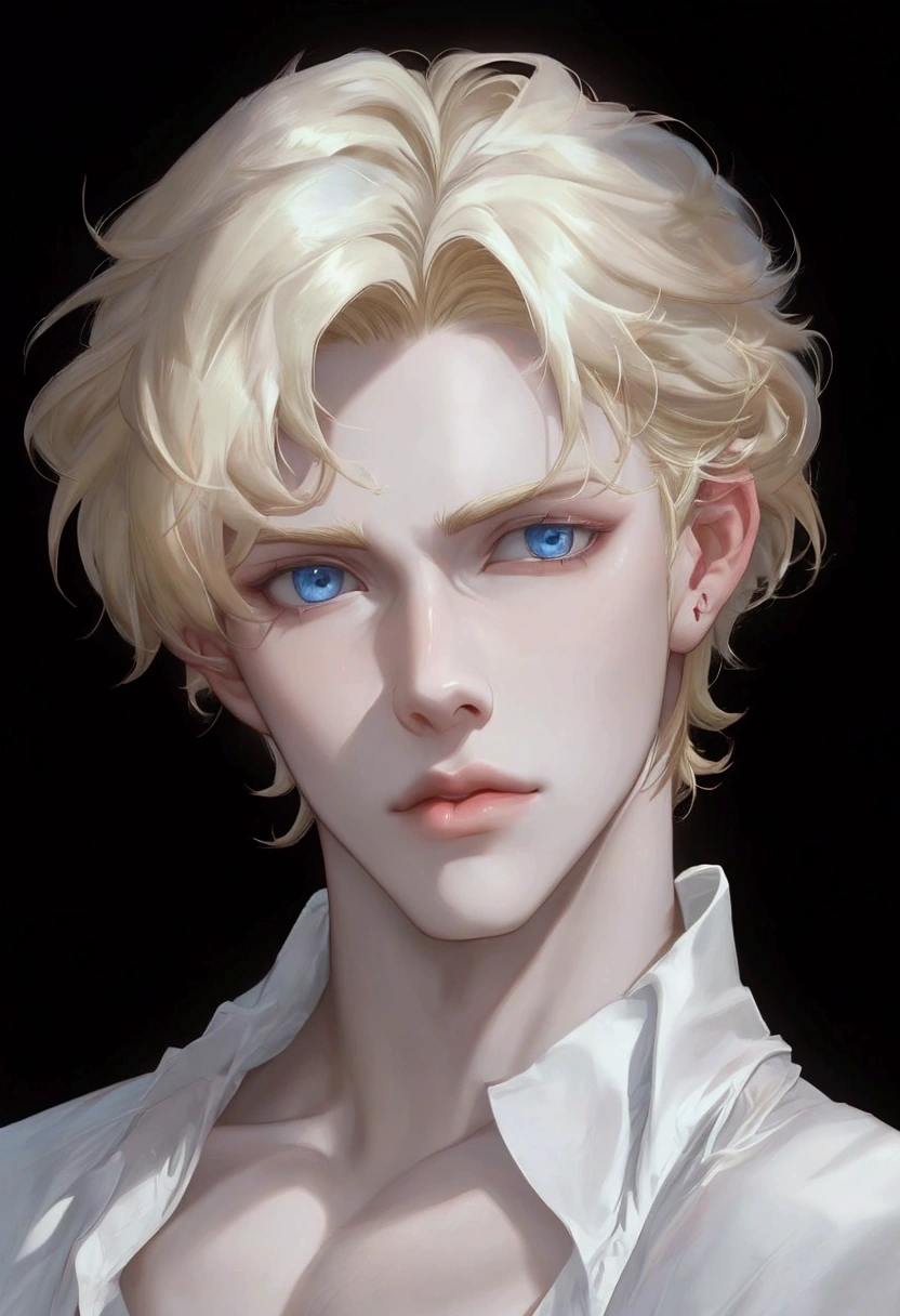 Boy with blond hair and light blue eyes, camisa blanca, Attractive Man, Labios pequeños, sharp eyes