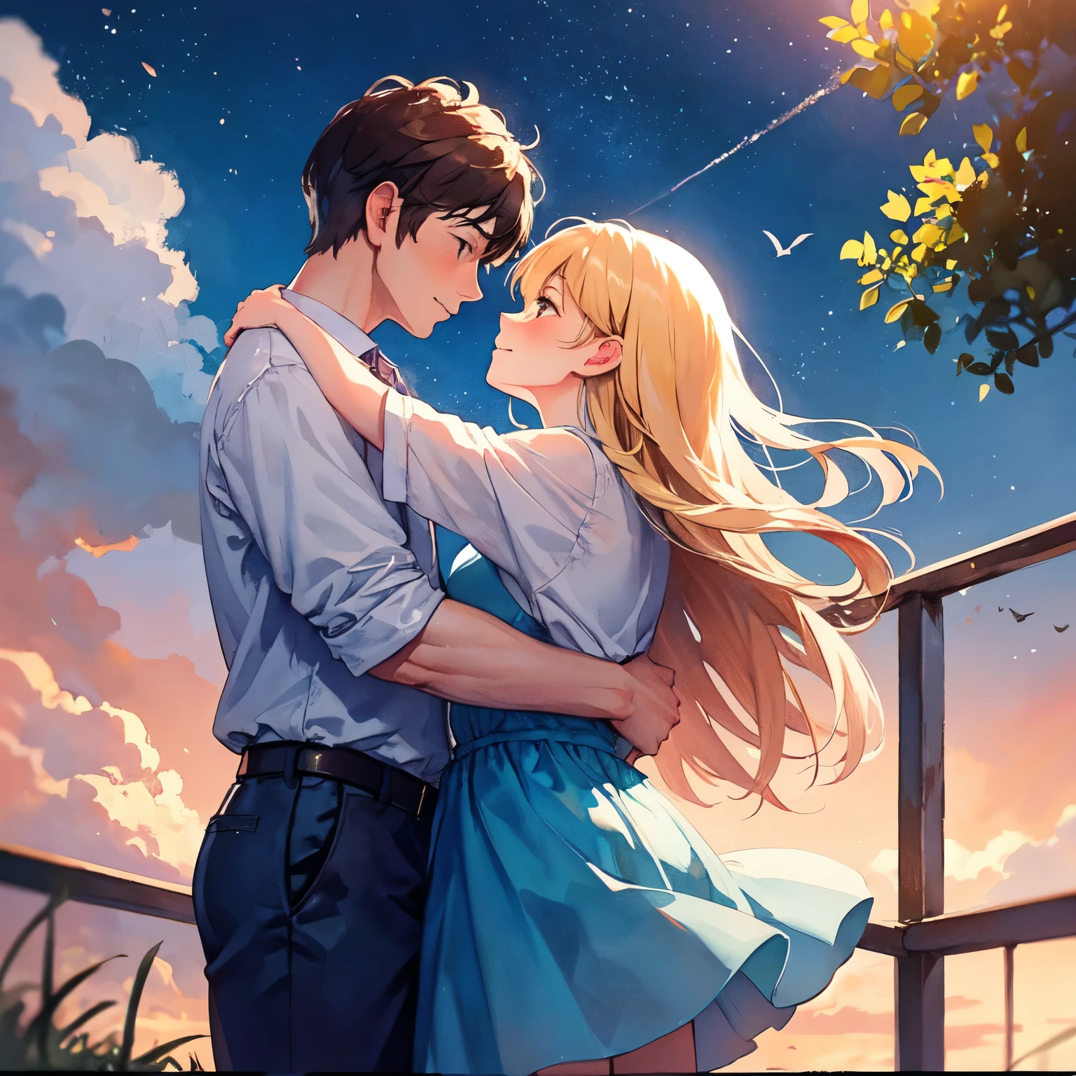 Jack and Diane, a couple embracing, first love memories, early summer sky, soft lighting, soft focus,
