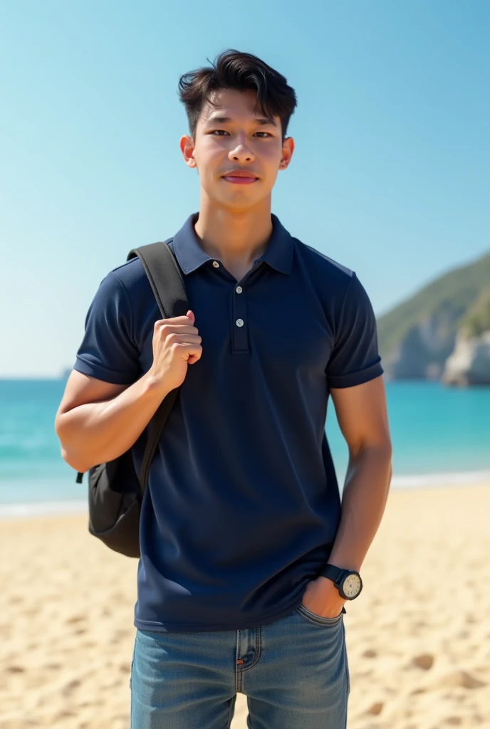 Tony Labrusca, Young man in a navy blue polo shirt Standing by the sea with an expression, looking into the distance Turn your head slightly.，Cloudy day, (Backpack:1.2)