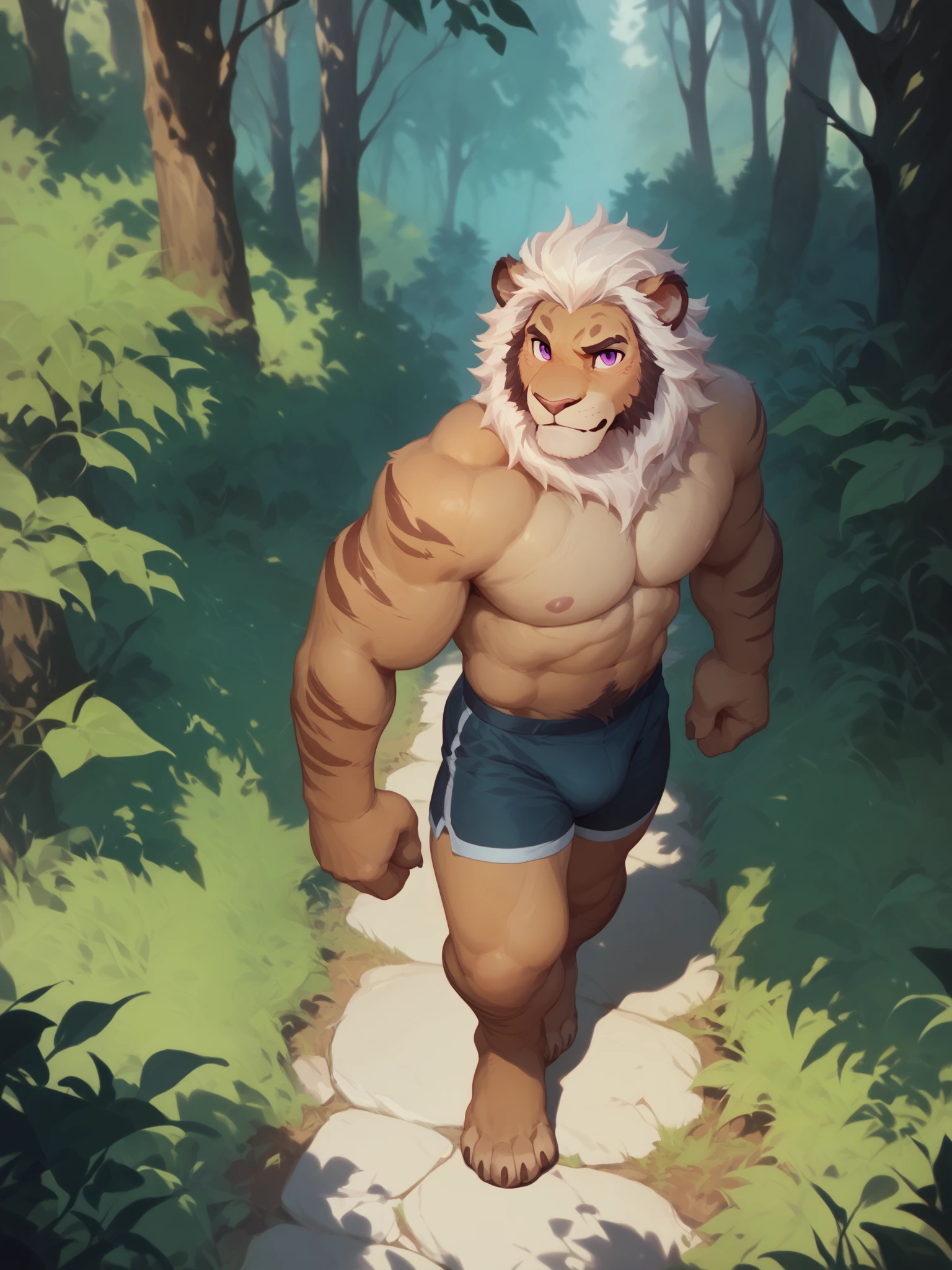 by null-Fantasma ,  Masterpiece,  Best Quality ,  hairy,  male anthropomorphic lion , inviting, atletico, young, light brown color,  brown and white hair ,  purple eyes, brown stripes ,  walking through a dark forest with a faint shade of purple light wearing casual clothing,
BREAK  score_9_above, score_8_above, score_7_above, score_6_above,
