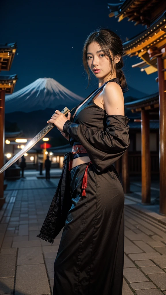  super high definition 、night、Mount Fuji、samurai、Ninja、Beauty、 Warring States periodの町、In front of the temple、 I can clearly see the feel of the skin、 Warring States period、 holding a Japanese sword、fight、 I can clearly see the feel of the skin