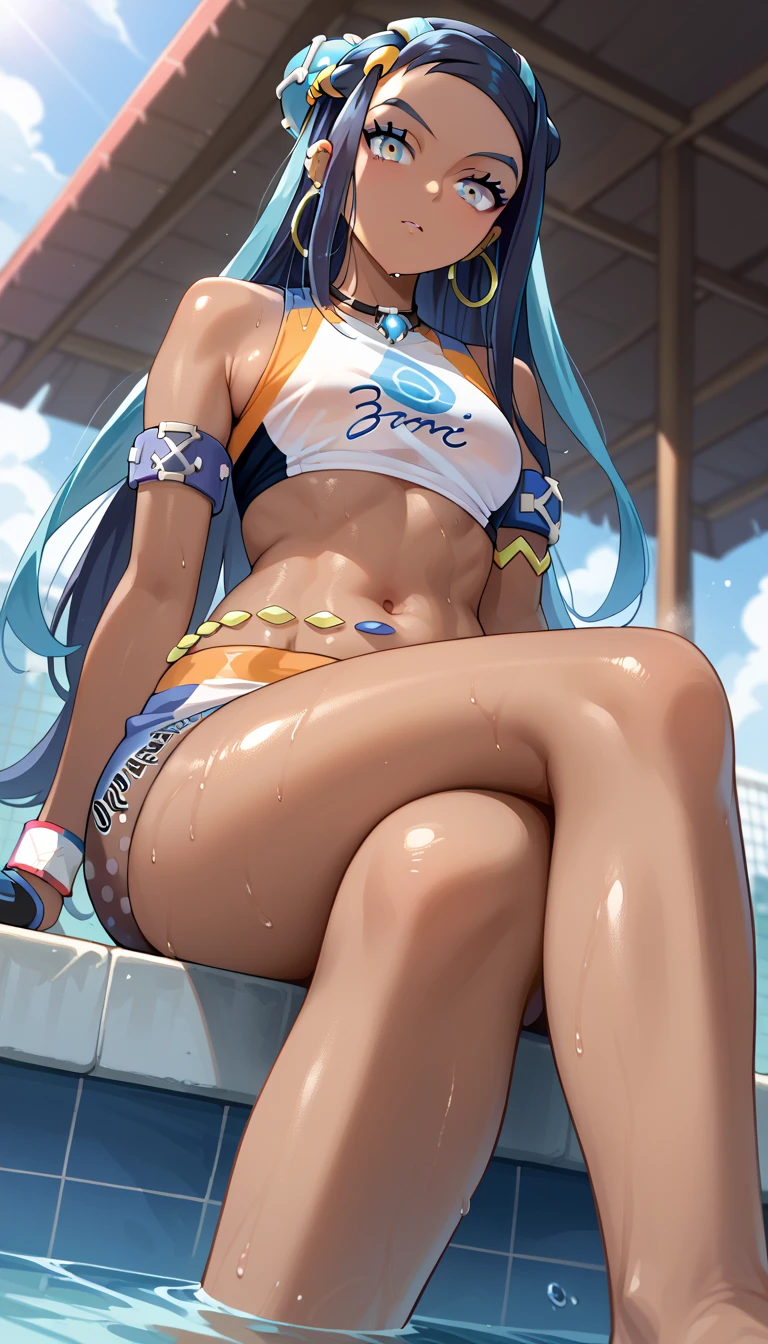 masterpiece, best quality, ultra-detailed, shiny skin, sweating, 1girl, solo, outdoors, swimming pool in the background, (view from below), sitting, crossed legs, (close-up), sweating, nessa, black hair, blue hair, long hair, single hair bun, multicolored hair, blue eyes, blue hair, dark skin, armlet, belly chain, bikini, crop top, shorts, single glove, hoop earrings, necklace, midriff, navel