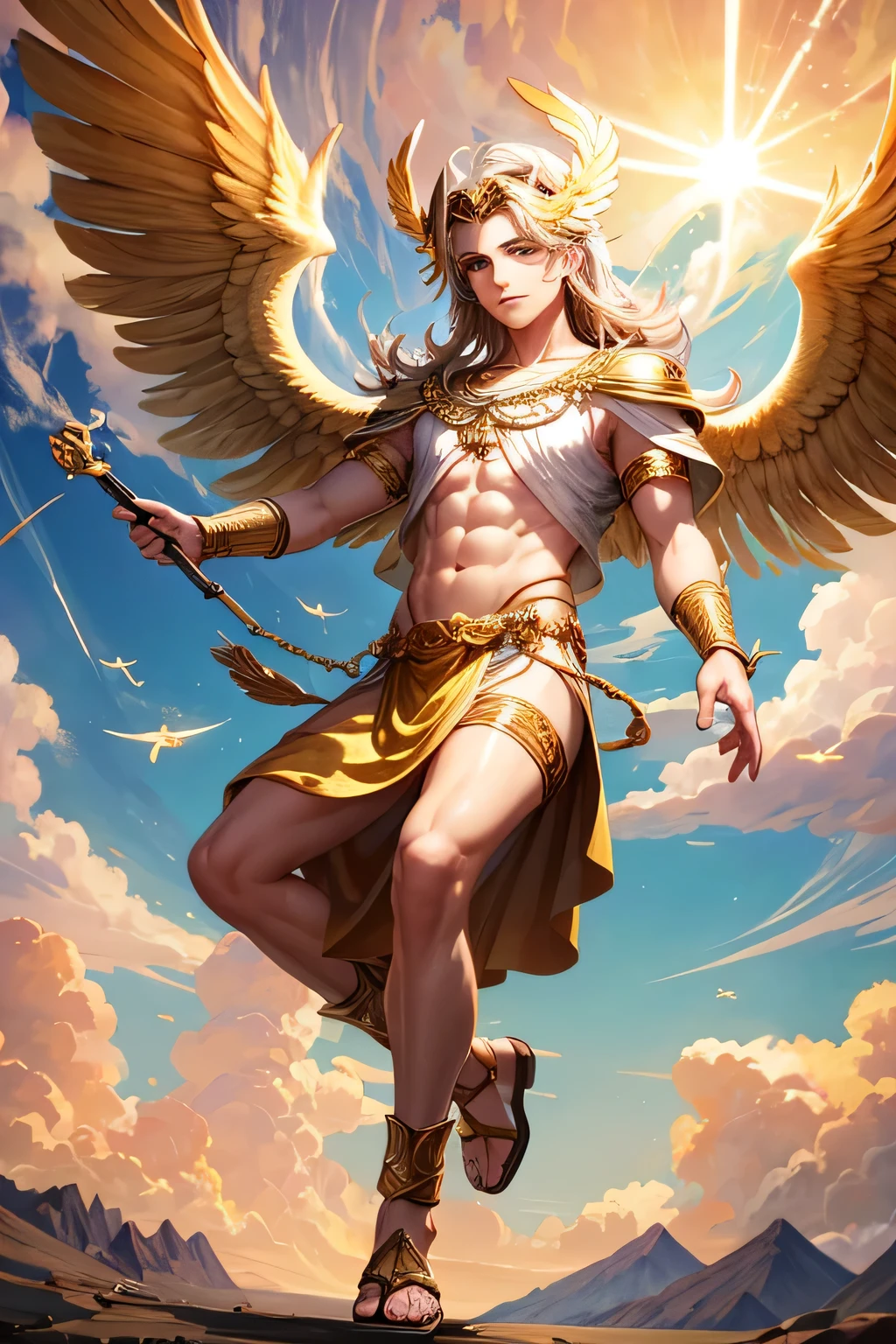 Son of a valkyrie and phoenix, a handsome man with wings with a somewhat athletic body with features more like a phoenix