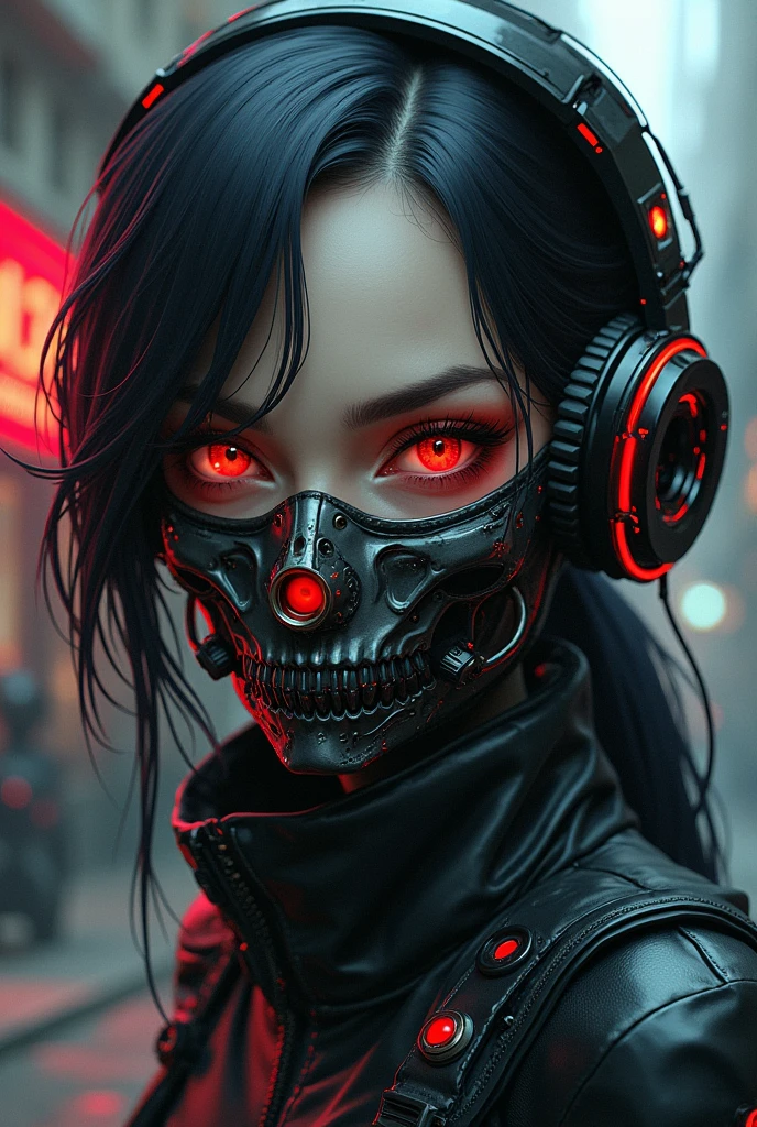 Cyberpunk punk skull in a background filled with darkness, neon red eyes highlighting its color above the others as if it were glowing brightly. Dark image background