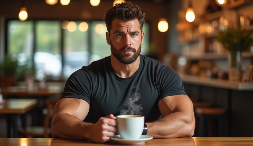 Real image of a European Turkish model man with short black hair athletic body, short beard, looking towards the camera, shirtless, black pants, drinking coffee in a kitchen with a large window. natural daylight.