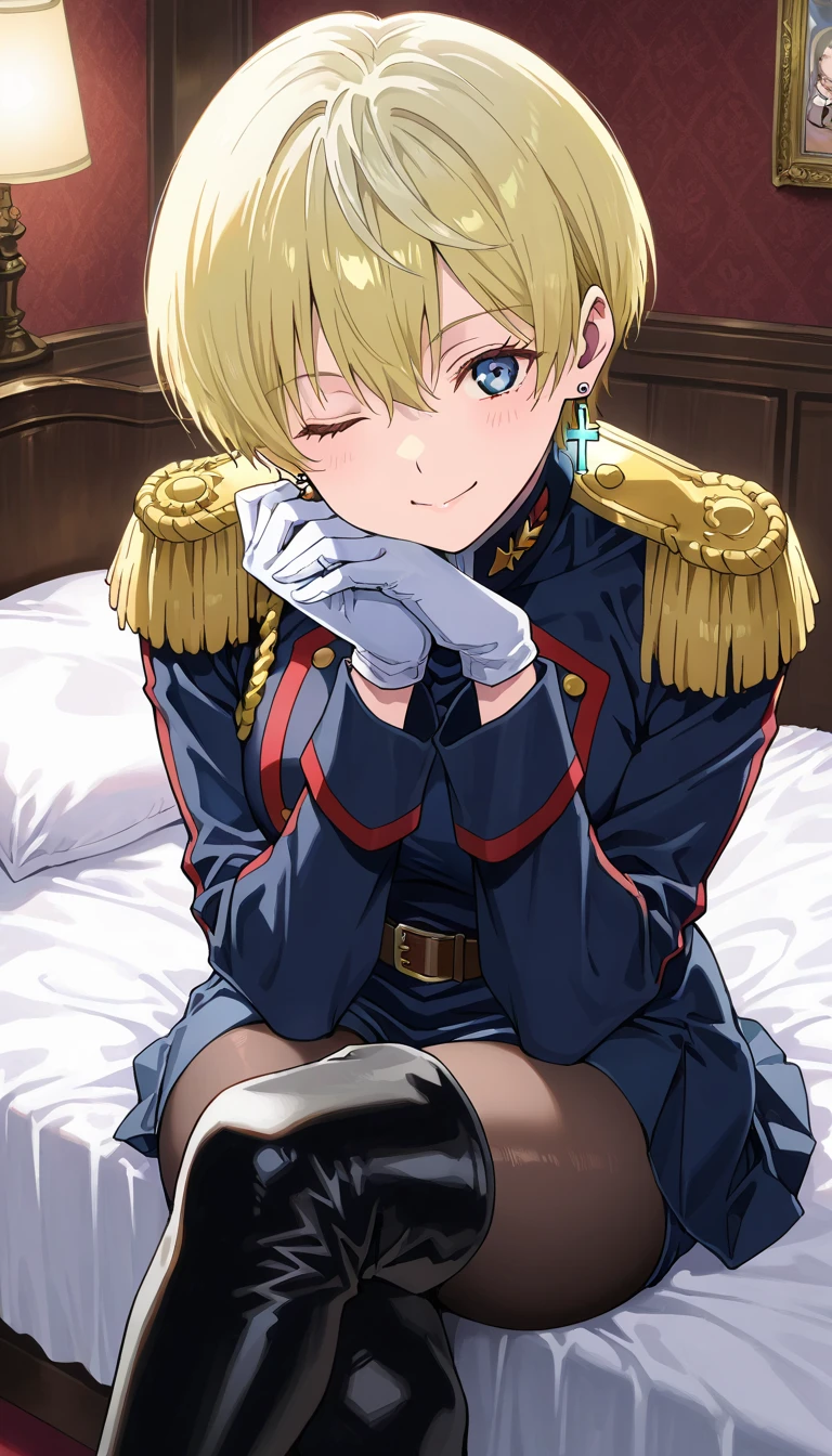 masterpiece、best quality、extremely detailed、8k、 high-resolution photo , masterpiece,  top quality、Hires .fix:1.4、 1 beautiful woman、It goes to Izumo, short hair, blue eyes, blonde hair,thighhighs, gloves, jewelry, earrings, boots, shorts, belt, uniform, military, military uniform, thigh boots, epaulettes,skirt, long sleeves, jewelry, pantyhose, earrings、 smiles、 bed、 crosses legs、Hands on knees、one eye closed、Place chin on hand