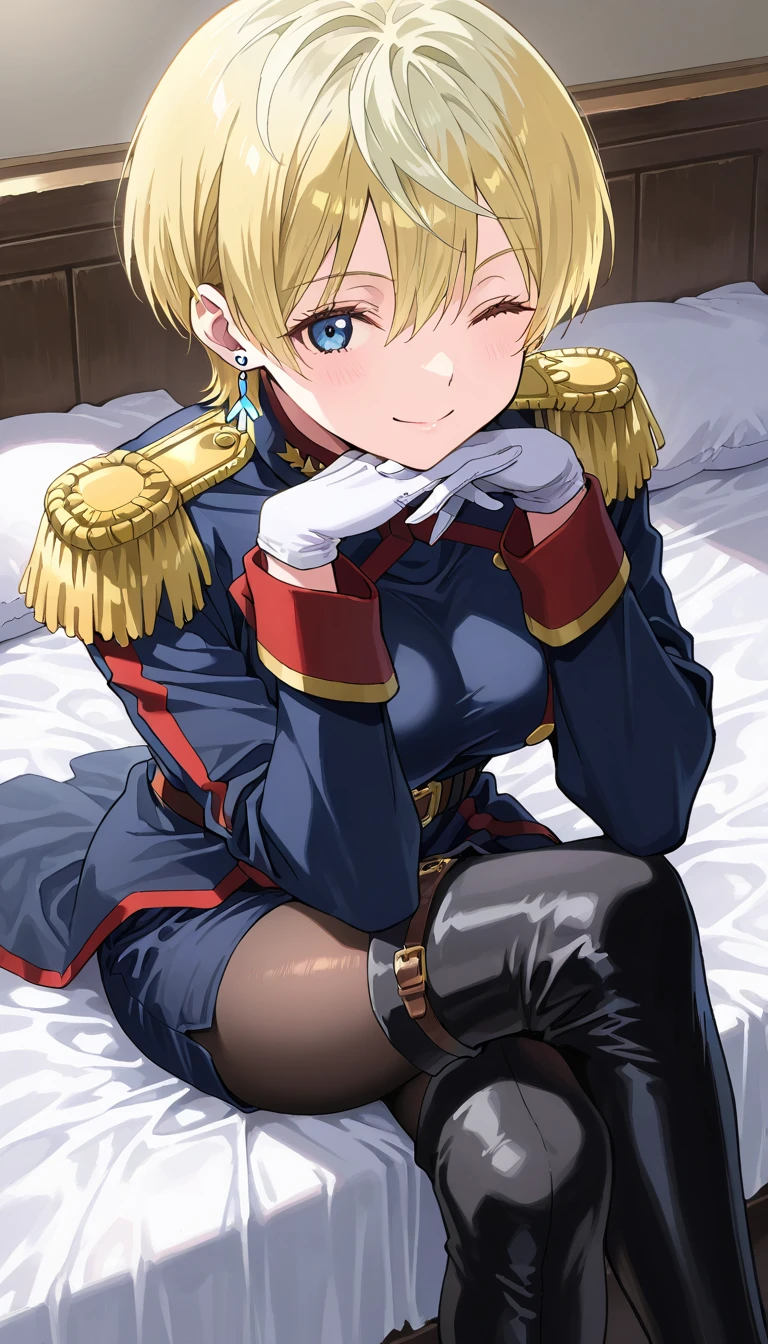 masterpiece、best quality、extremely detailed、8k、 high-resolution photo , masterpiece,  top quality、Hires .fix:1.4、 1 beautiful woman、It goes to Izumo, short hair, blue eyes, blonde hair,thighhighs, gloves, jewelry, earrings, boots, shorts, belt, uniform, military, military uniform, thigh boots, epaulettes,skirt, long sleeves, jewelry, pantyhose, earrings、 smiles、 bed、 crosses legs、Hands on knees、one eye closed、Place chin on hand