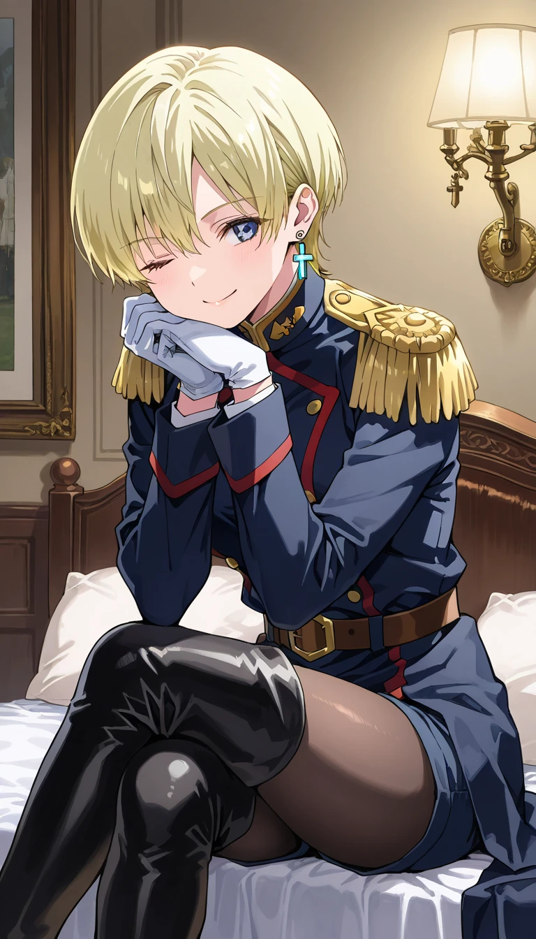 masterpiece、best quality、extremely detailed、8k、 high-resolution photo , masterpiece,  top quality、Hires .fix:1.4、 1 beautiful woman、It goes to Izumo, short hair, blue eyes, blonde hair,thighhighs, gloves, jewelry, earrings, boots, shorts, belt, uniform, military, military uniform, thigh boots, epaulettes,skirt, long sleeves, jewelry, pantyhose, earrings、 smiles、 bed、 crosses legs、Hands on knees、one eye closed、Place chin on hand