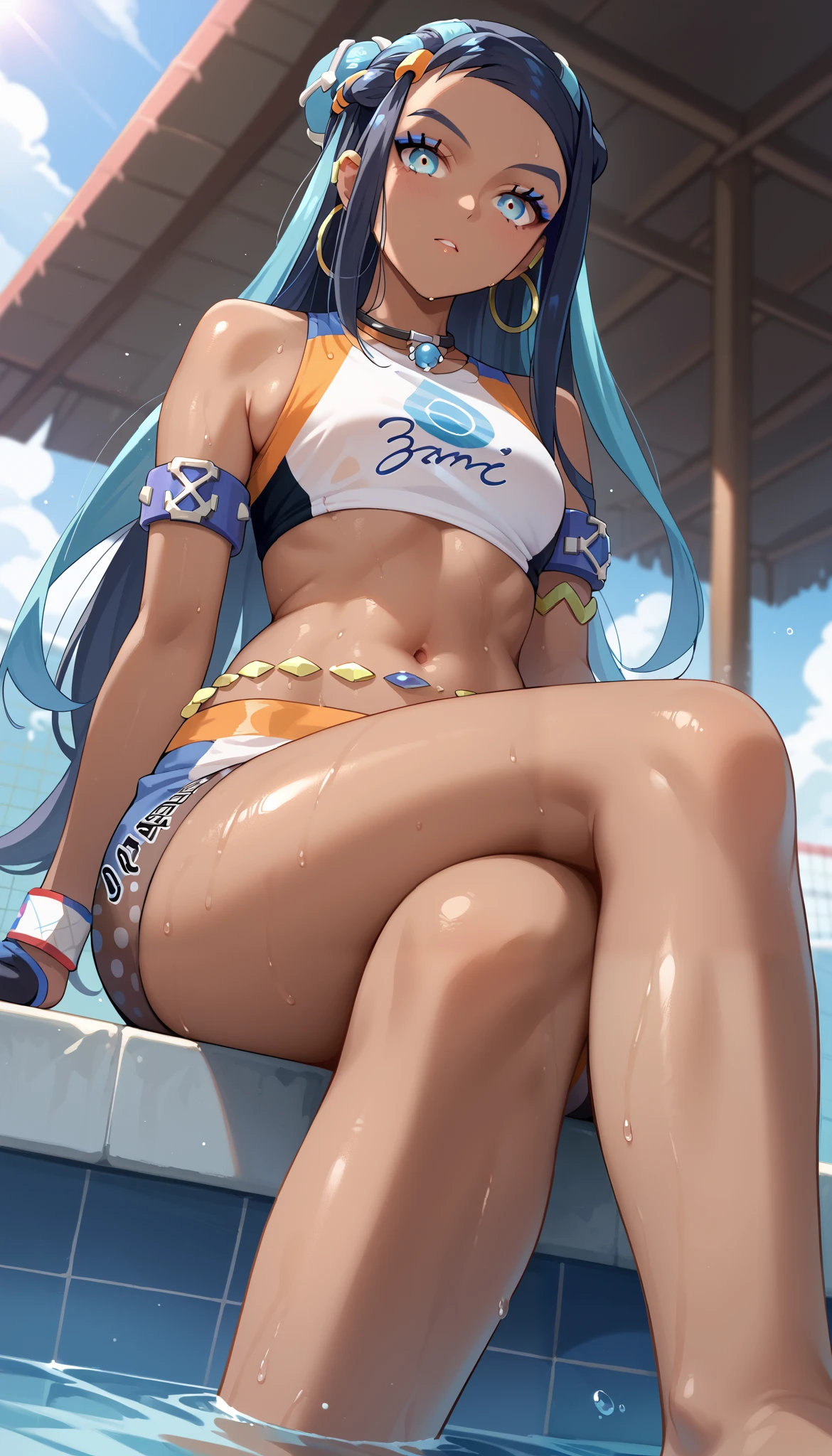 masterpiece, best quality, ultra-detailed, shiny skin, sweating, 1girl, solo, outdoors, swimming pool in the background, (view from below), sitting, crossed legs, (close-up), sweating, nessa, black hair, blue hair, long hair, single hair bun, multicolored hair, blue eyes, blue hair, dark skin, armlet, belly chain, bikini, crop top, shorts, single glove, hoop earrings, necklace, midriff, navel