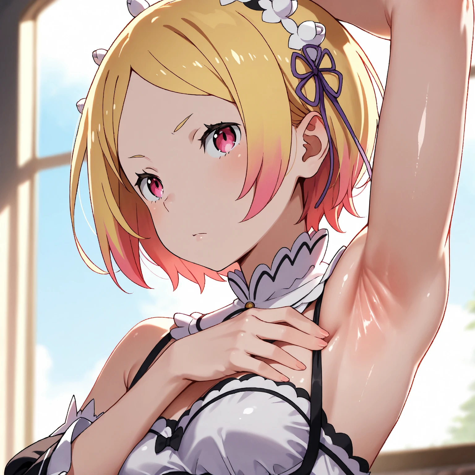 (Best Masterpiece, HDR, 2k, High Quality) 1girl, Re:Zero, Capella ((Arm Up, Armpits, Showing Armpits, Detailed Armpits, Shiny Armpits, More Detailed Armpits, Armpits Crease, Perfect Armpits, Zoom In Armpits)) RE_SY,multicolored hair,blonde hair,short hair,pink eyes