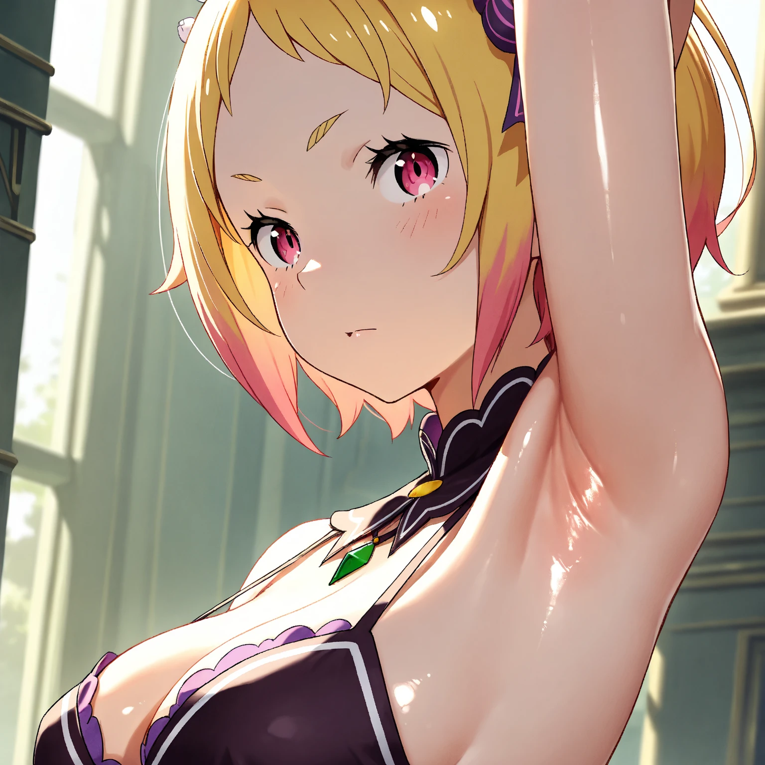 (Best Masterpiece, HDR, 2k, High Quality) 1girl, Re:Zero, Capella ((Arm Up, Armpits, Showing Armpits, Detailed Armpits, Shiny Armpits, More Detailed Armpits, Armpits Crease, Perfect Armpits, Zoom In Armpits)) RE_SY,multicolored hair,blonde hair,short hair,pink eyes