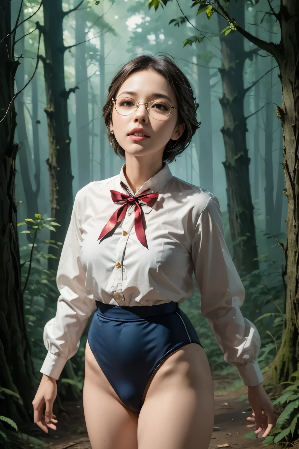 (masterpiece, highest quality), 1 girl, beautiful face, beautiful body,  wearing a Black gymnastics bloomers, High leg、white blouse,    cowboy shot、Are standing、full body portrait、alone, complex details, enlarged textures, complex details, finely detailed eyes and detailed face, intricate details, (closed mouth), perfect eyes, equal eyes, perfect body, extremely detailed, (), extremely realistic 3d,In a dark forest、Glasses