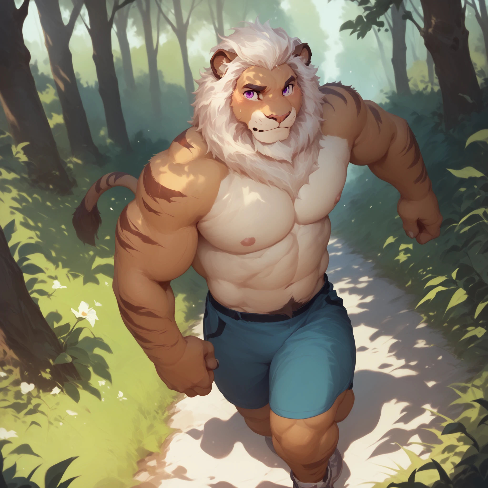 by null-Fantasma ,  Masterpiece,  Best Quality ,  hairy,  male anthropomorphic lion , inviting, atletico, young,  light brown body , brown and white hair ,  purple eyes, brown stripes ,  walking through a forest with a faint shade of light wearing casual clothing.
BREAK  score_9_above, score_8_above, score_7_above, score_6_above,
