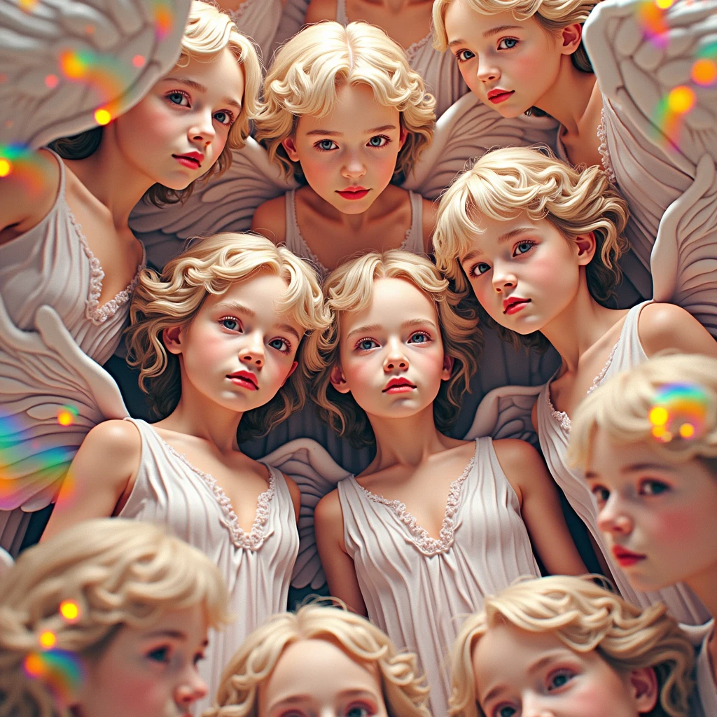 realistic documentary photo of a a group of people wearing white fluffy short, spherical heads 1 9 9 0, life magazine reportage photo, neutral colors, neutral lighting