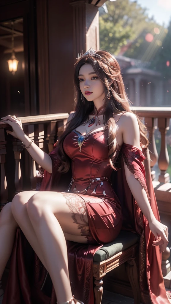 Viking goddess of lust, short dark red dress(fur collar) with silver runes, tiara, big breasts, long open purple hair, bracelets,, rough landscape in the background